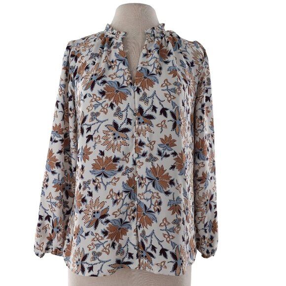 Ann Taylor XS High Neck Ruffle Long Sleeve Floral Blouse - Picture 1 of 7